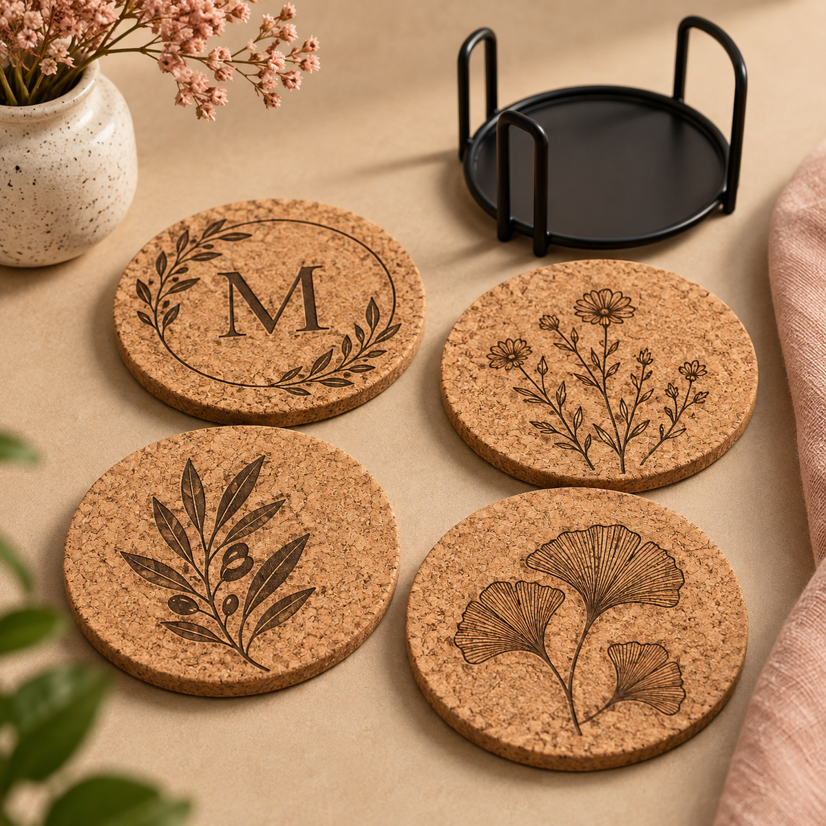 Four custom laser engraved round cork coasters