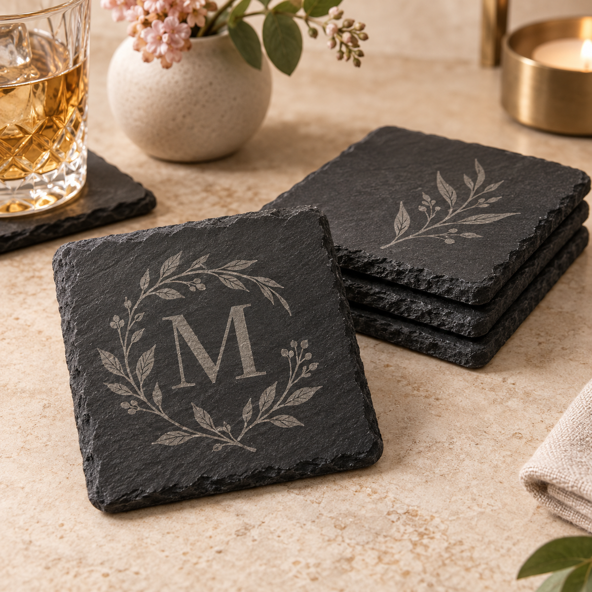 Four custom laser engraved black slate coasters
