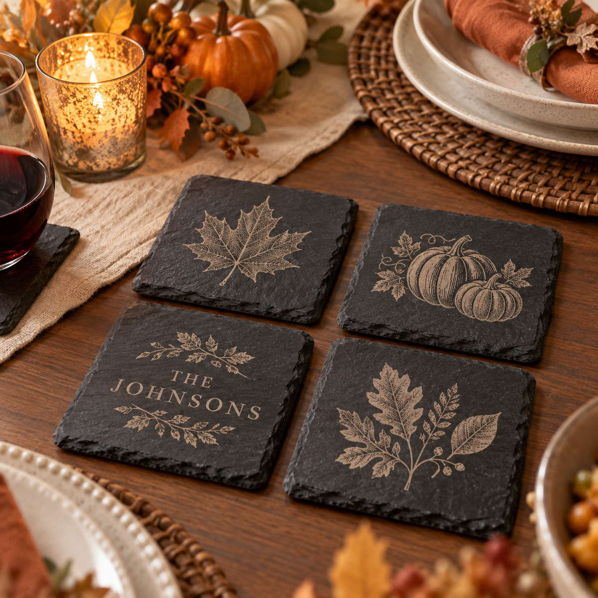Four personalized fall slate coasters on a Thanksgiving table