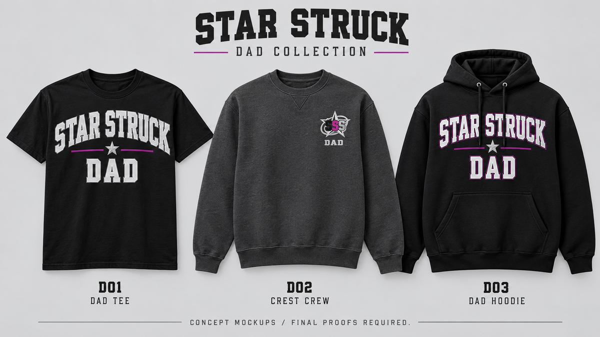 D01 Dad tee, D02 charcoal crest crewneck and D03 Dad hoodie concept mockups; final proofs pending