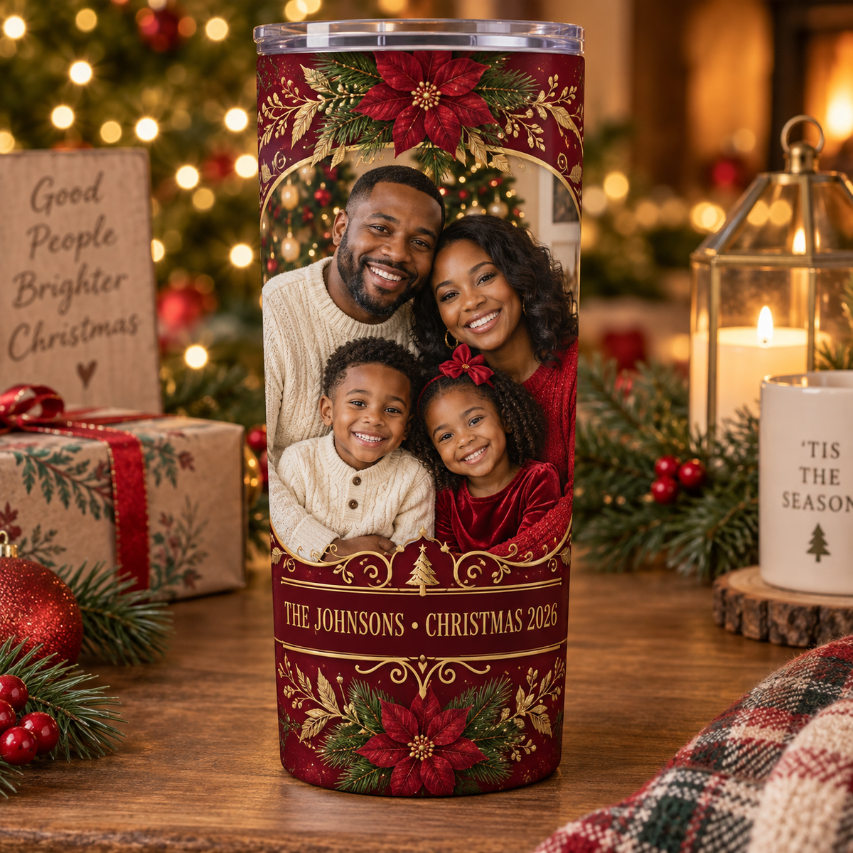 Family Christmas photo tumbler mockup