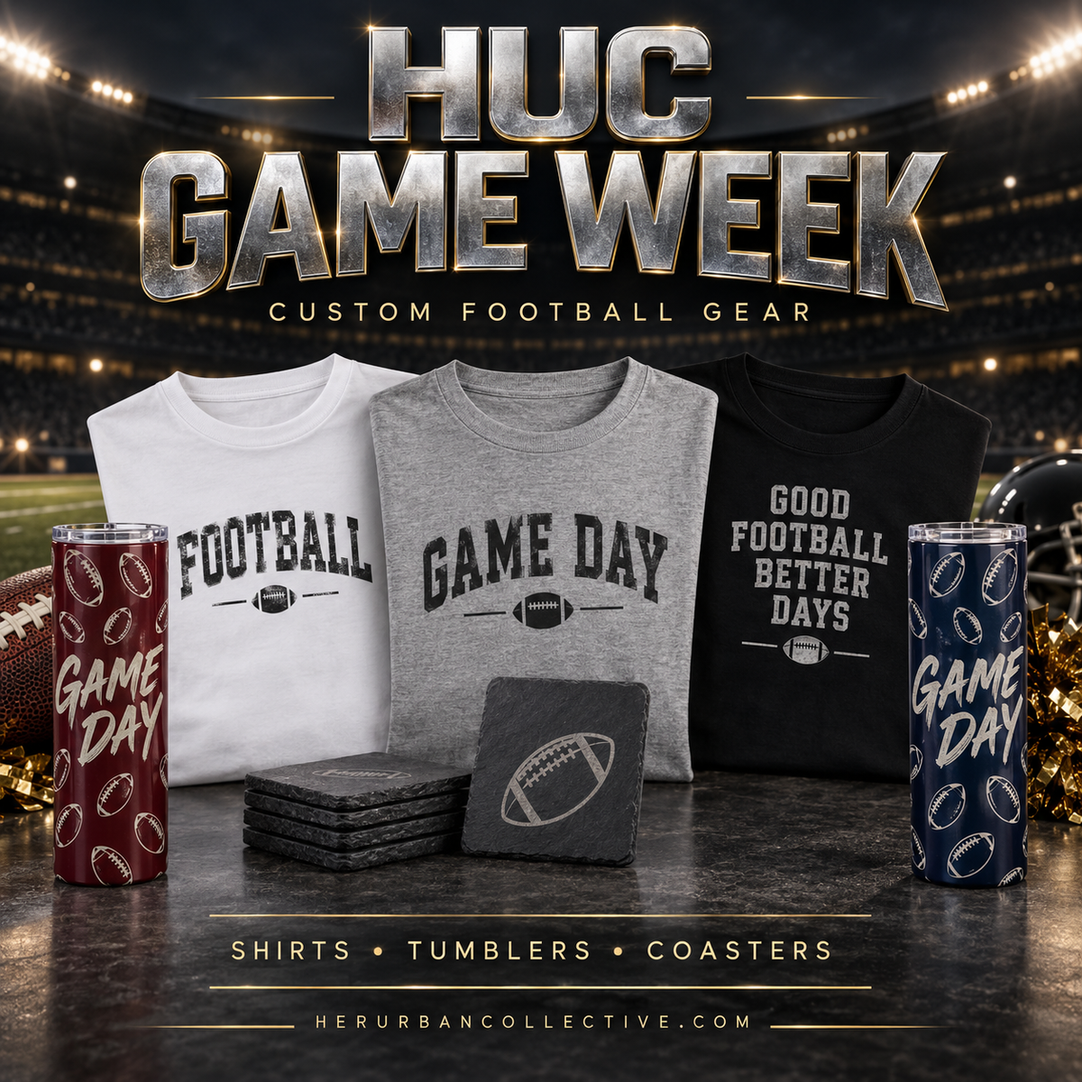 HUC Game Week custom football shirts, straight full-wrap tumblers and coasters