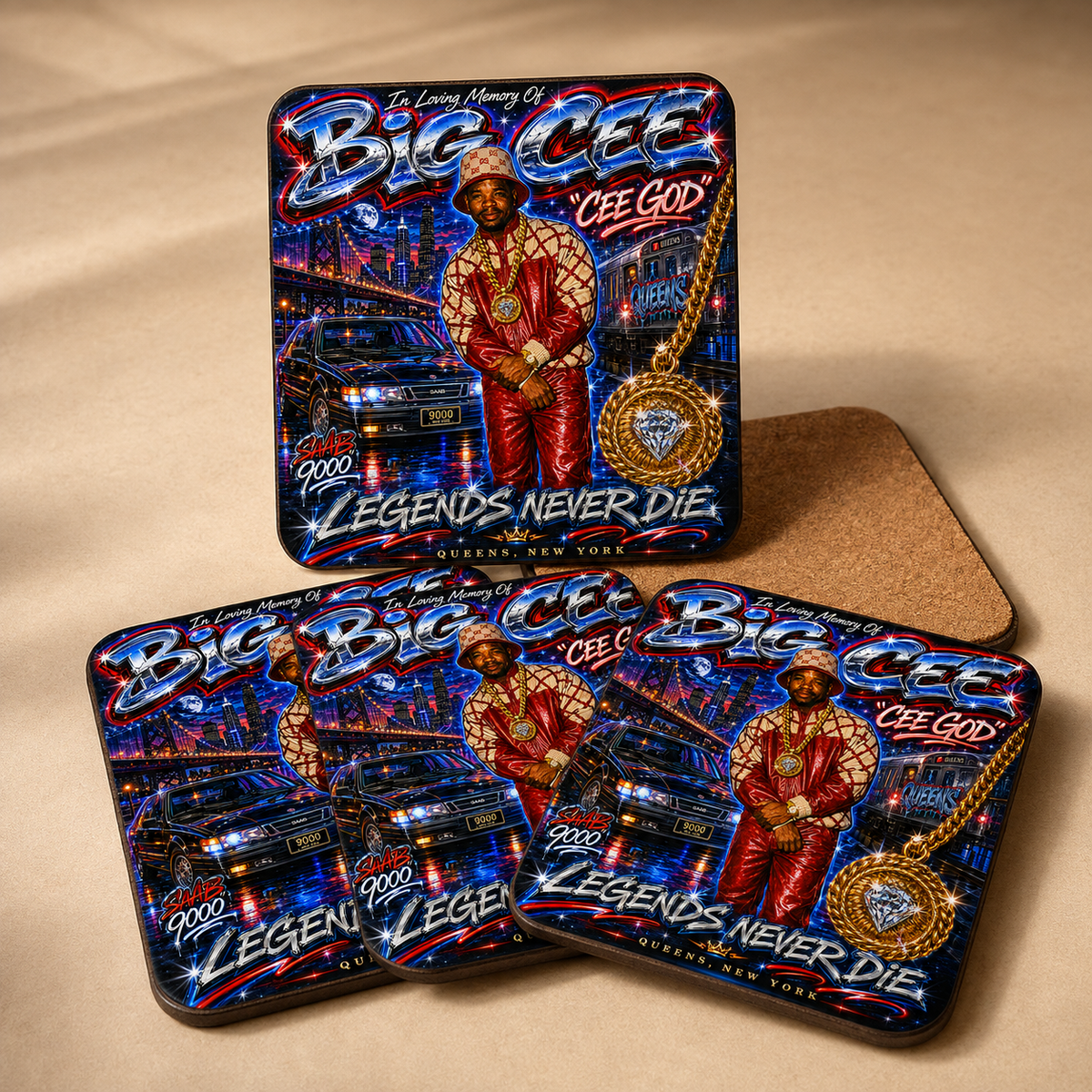 Custom AI graffiti portrait sublimation coaster set mockup