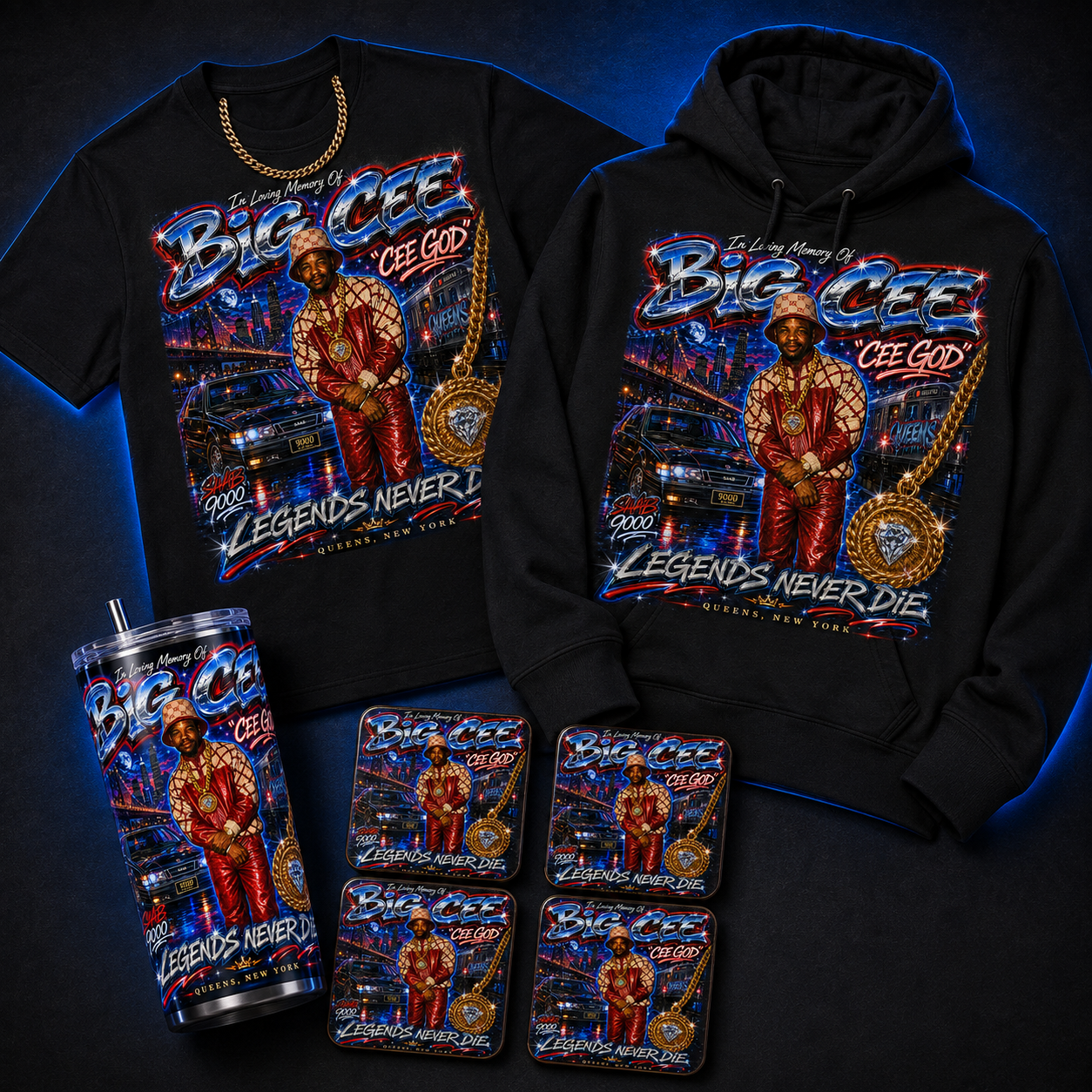 Custom AI graffiti portrait complete bundle with shirt hoodie tumbler and four coasters