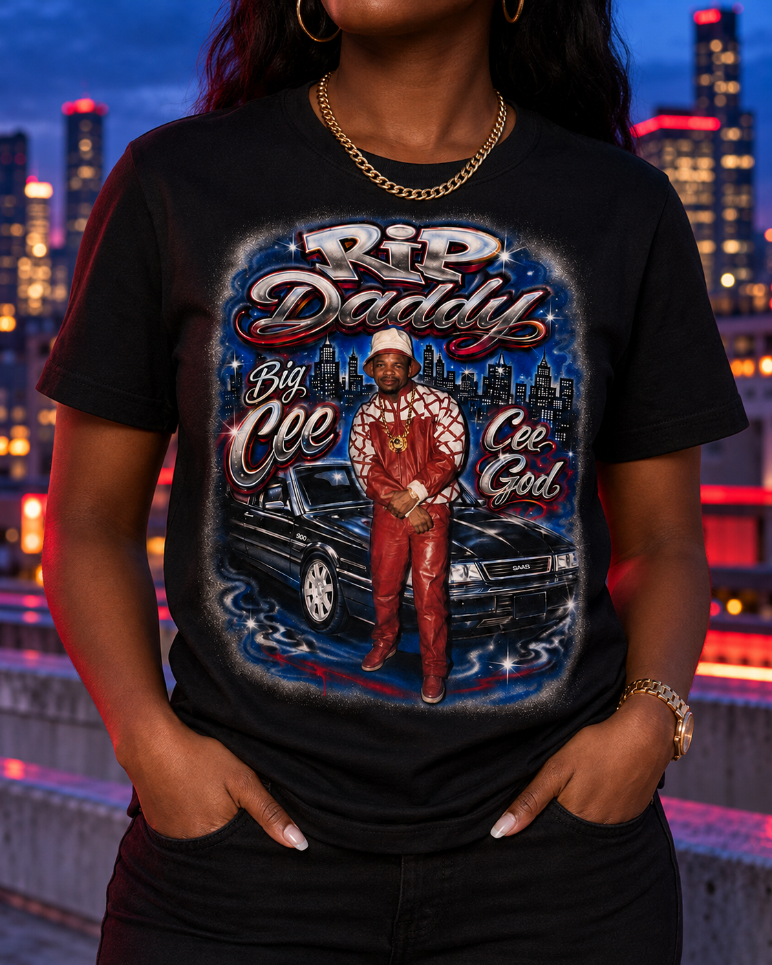 African American woman modeling a custom AI graffiti portrait T-shirt