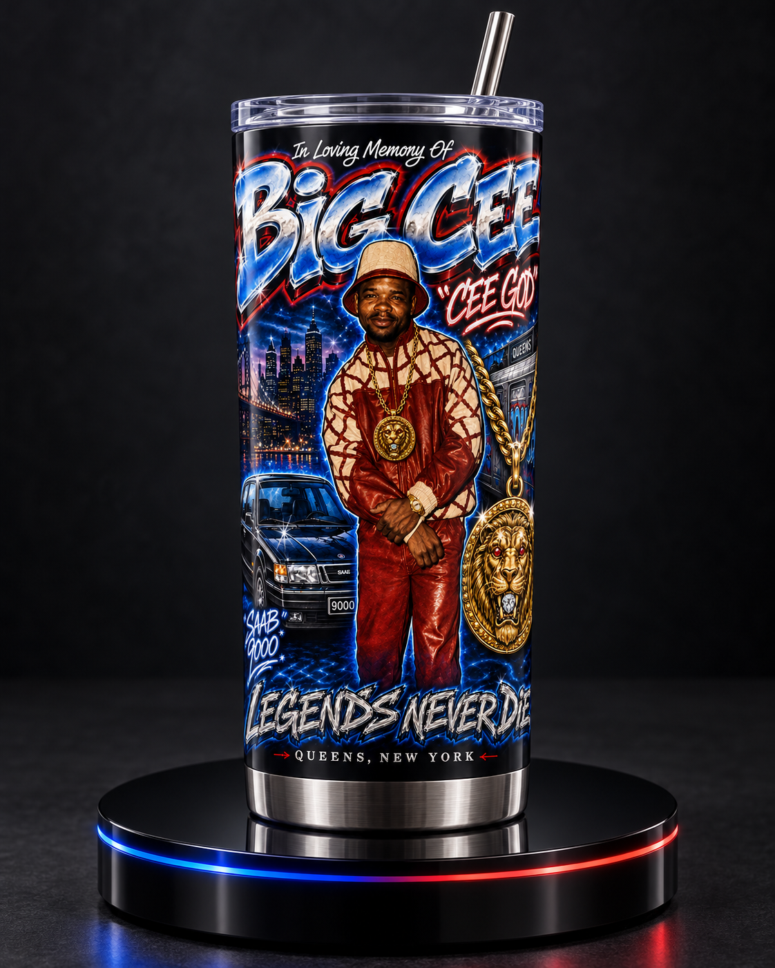 Custom AI graffiti portrait tumbler display