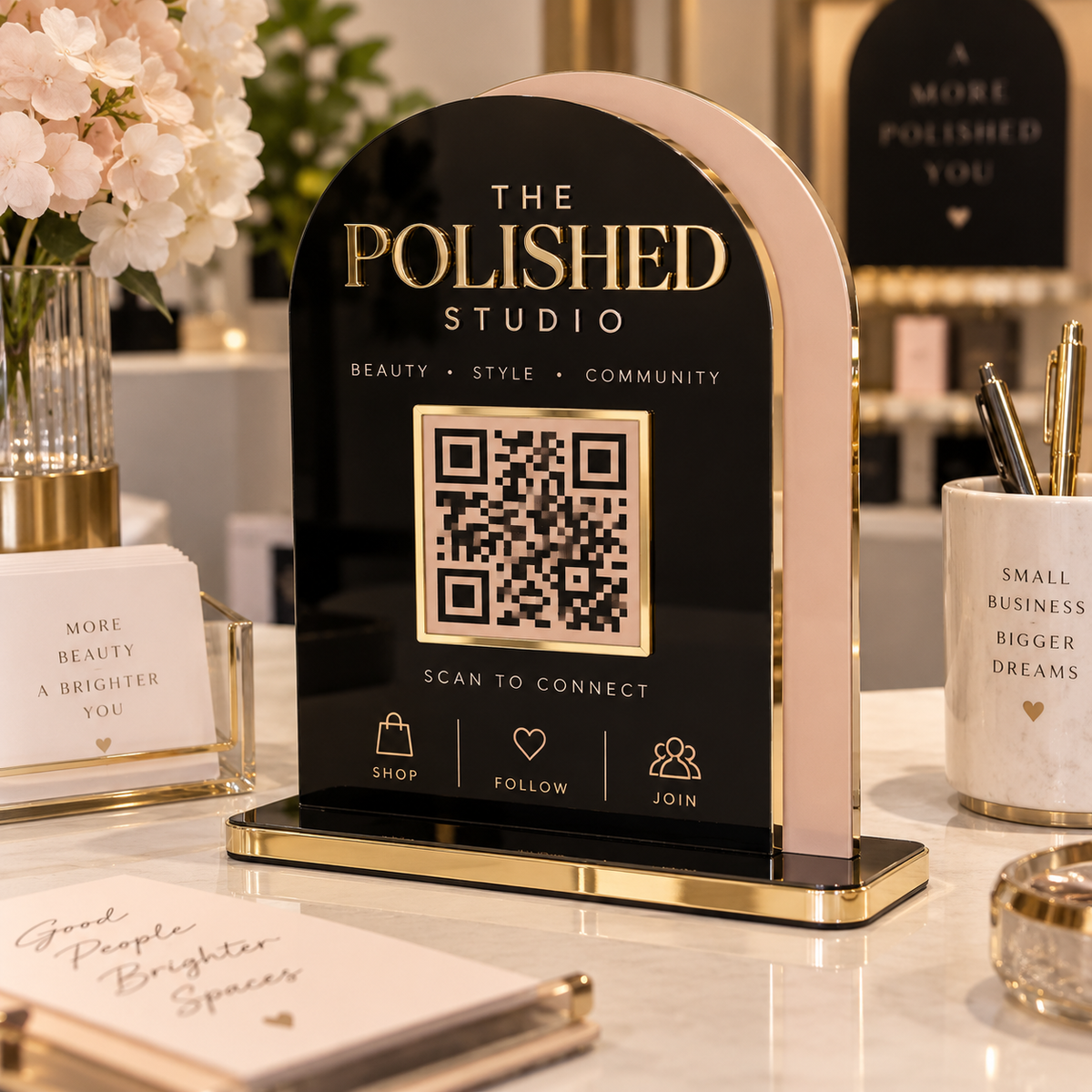 Black blush and gold custom business QR stand mockup