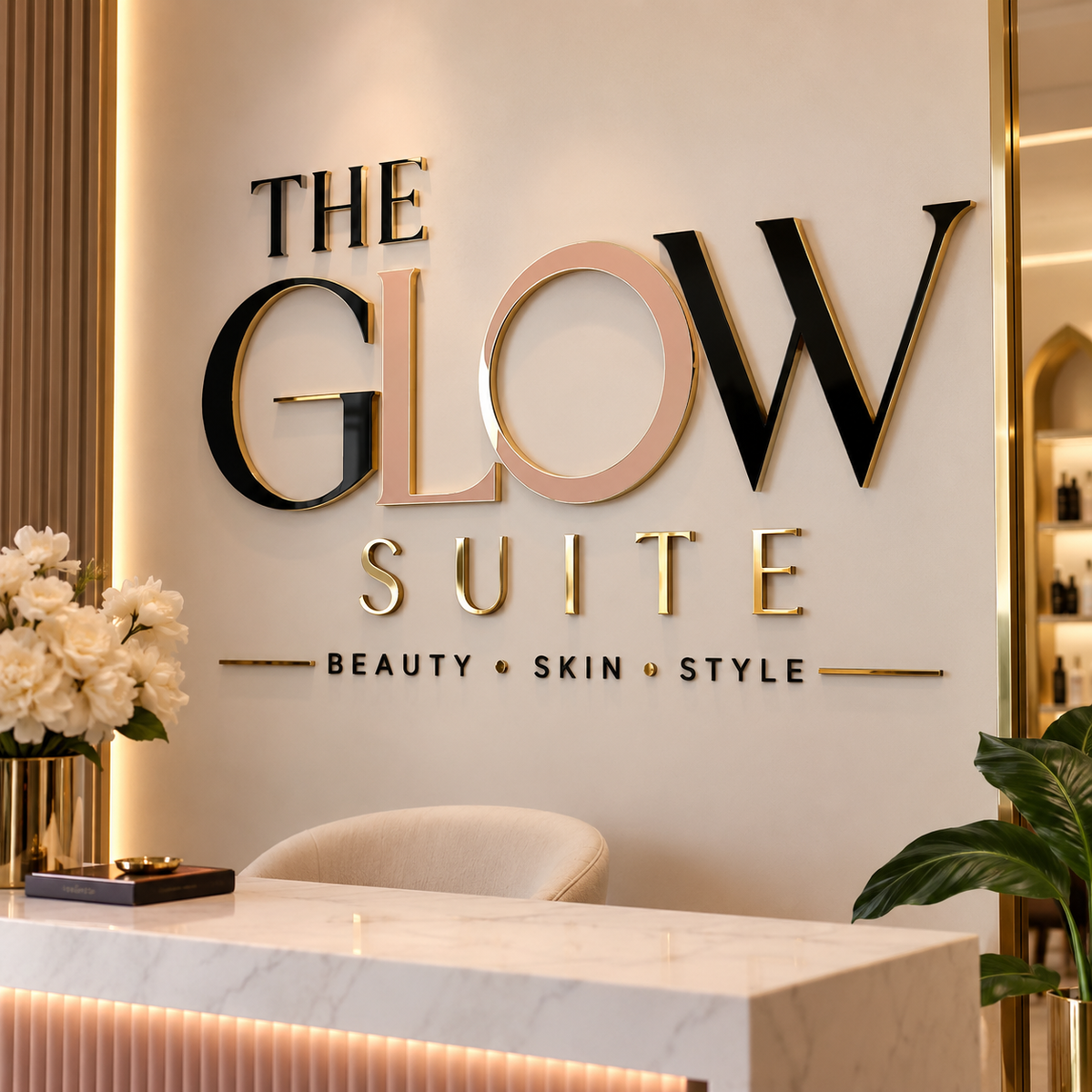 Black blush and gold custom salon suite wall sign mockup
