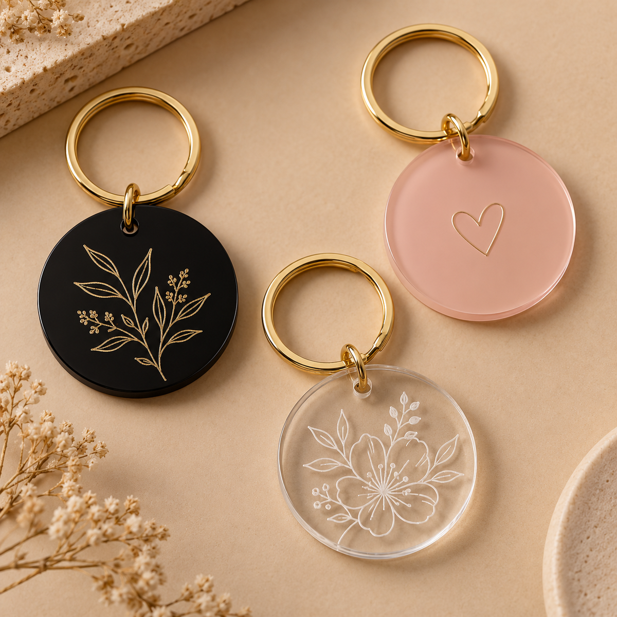 Black blush and clear personalized acrylic keychains with gold rings
