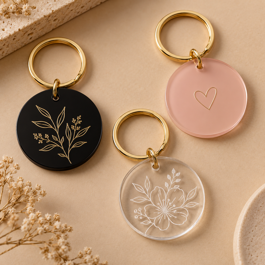 Black blush and clear personalized acrylic keychains with gold rings