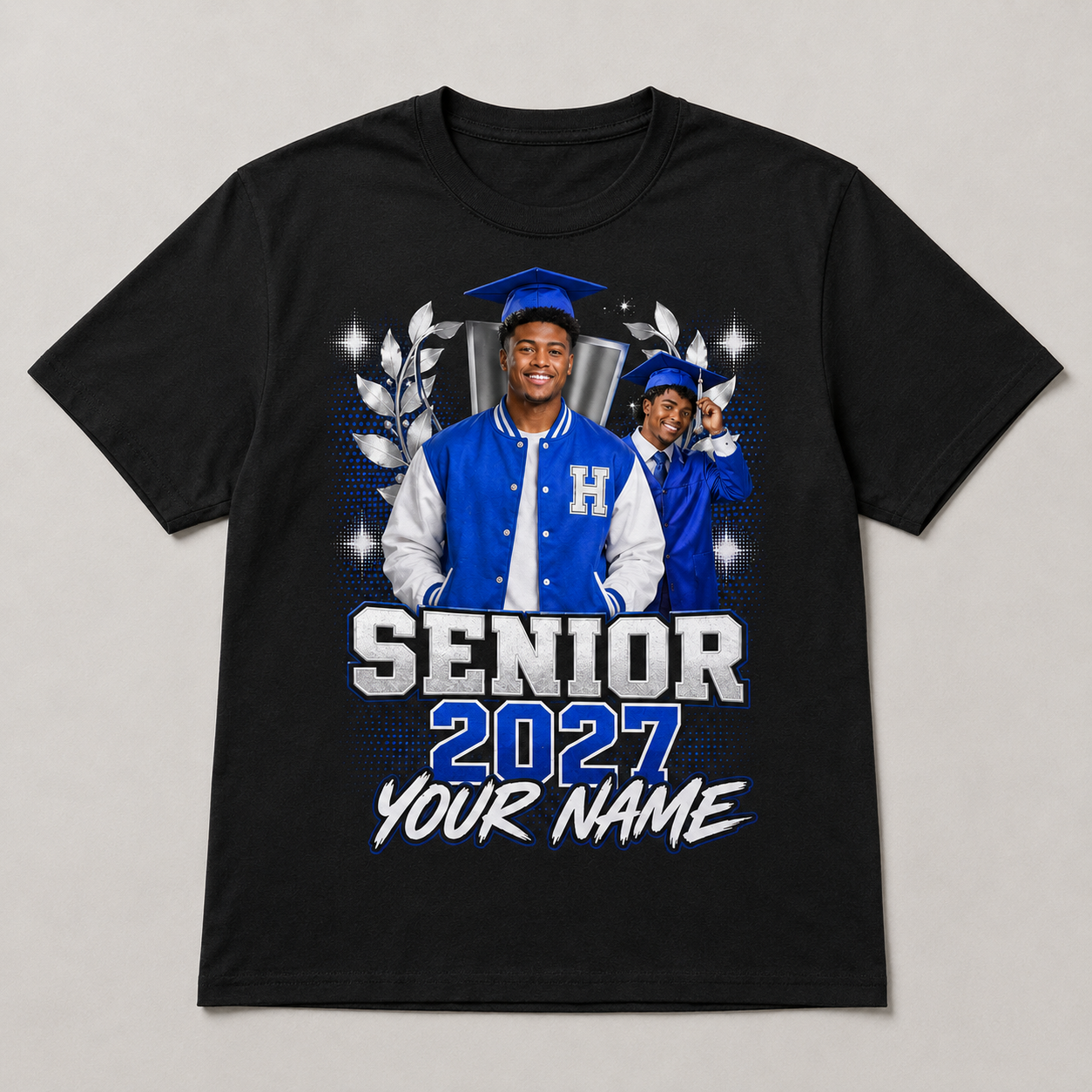 Blue Varsity Senior 2027 personalized photo shirt