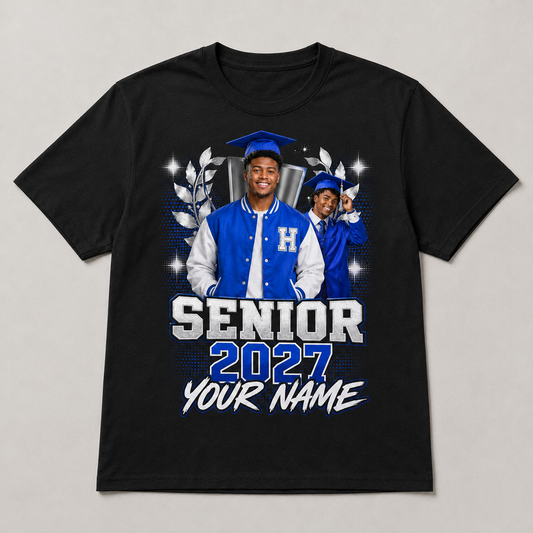 Blue Varsity Senior 2027 personalized photo shirt