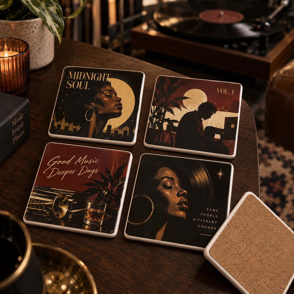 Original album-cover style ceramic coaster set mockup