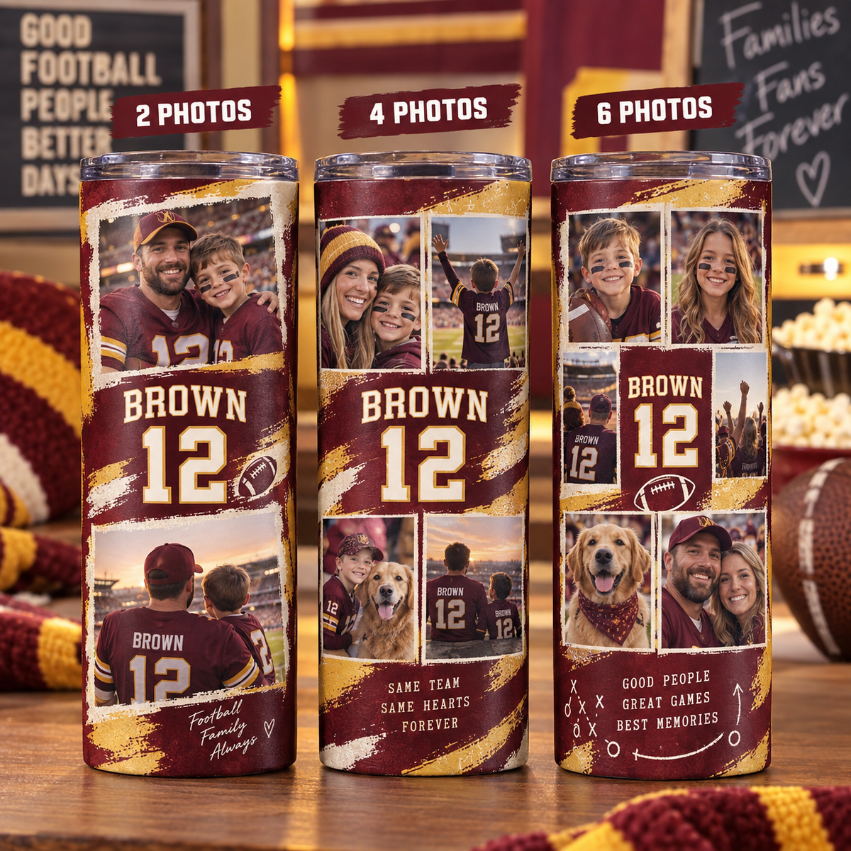 Custom football fan photo tumbler with 2, 4 or 6 photo layouts