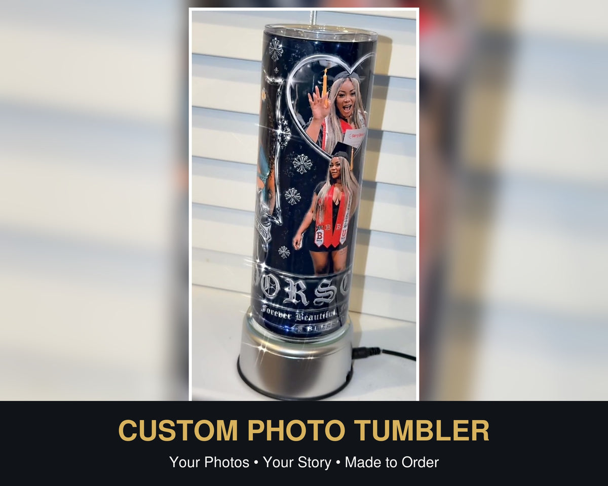 Custom 20 oz photo tumbler personalization example
