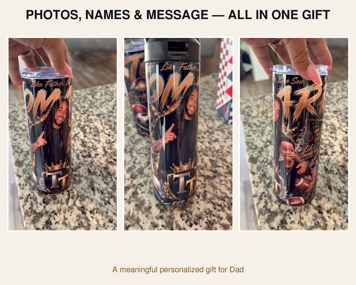 Three views of personalized Dad photo tumbler