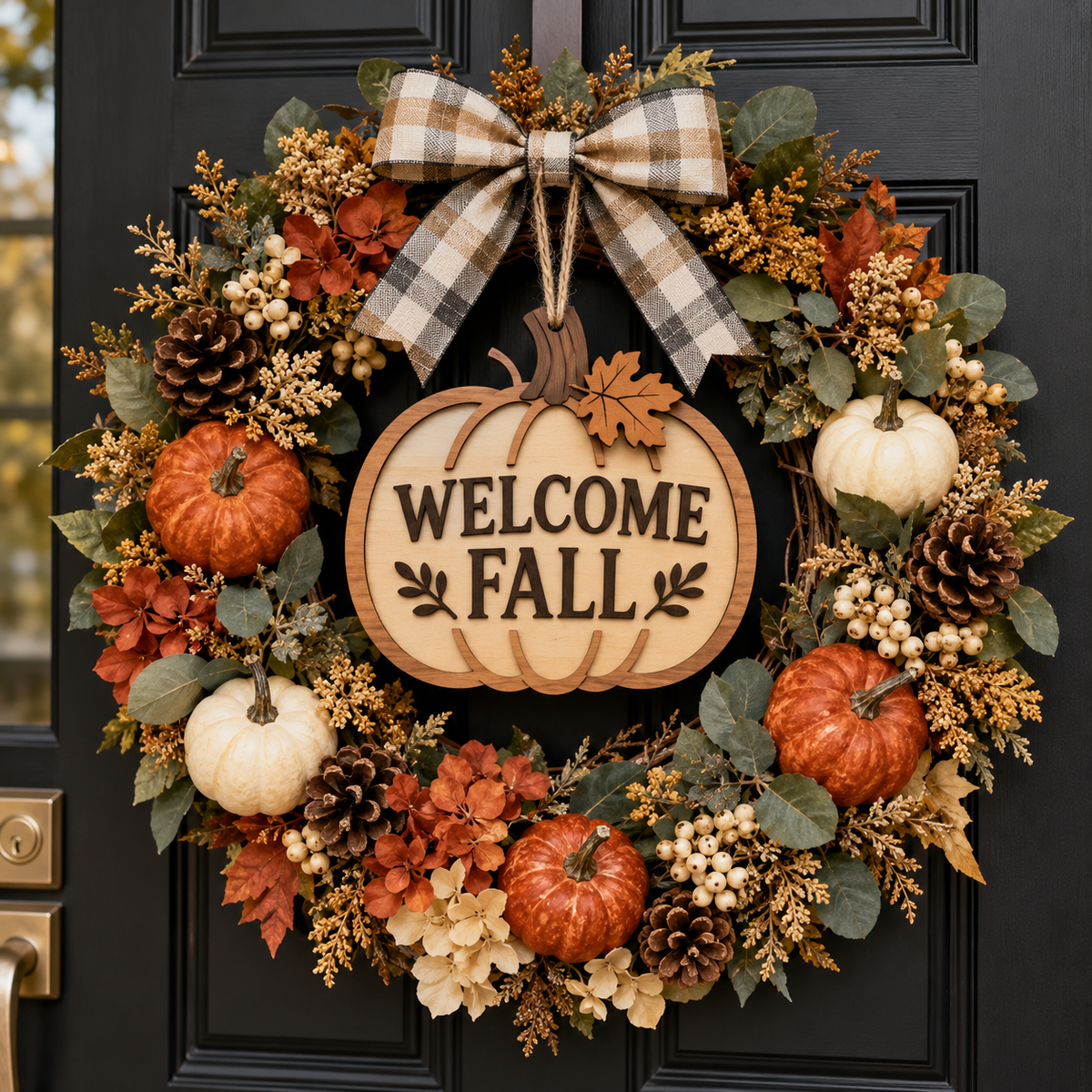 Layered wooden pumpkin fall wreath tag on a black door