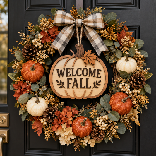 Layered wooden pumpkin fall wreath tag on a black door