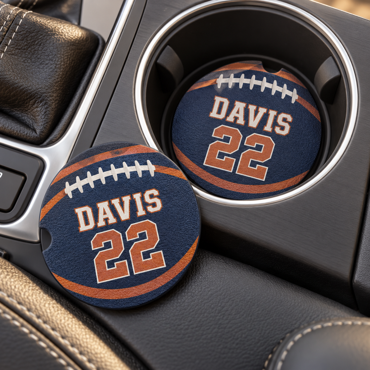 Set of two personalized football car coasters