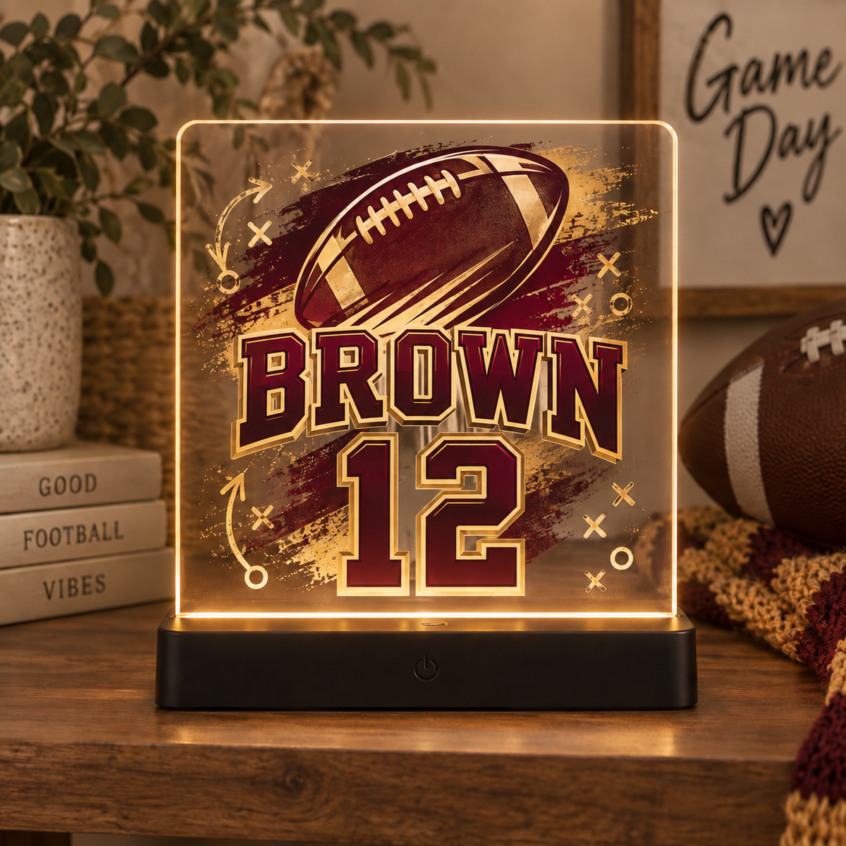 Custom football acrylic LED sign personalized with Brown and number 12