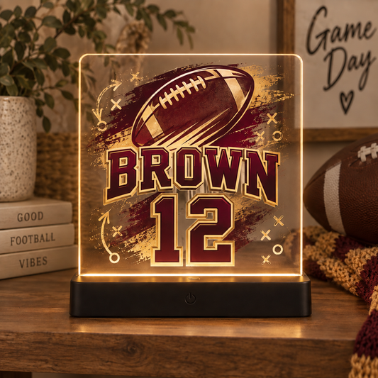 Custom football acrylic LED sign personalized with Brown and number 12