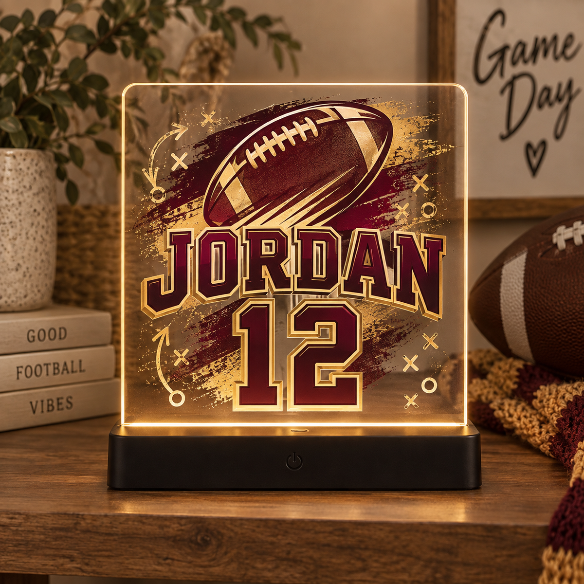 Custom football acrylic LED sign personalized with player name and number