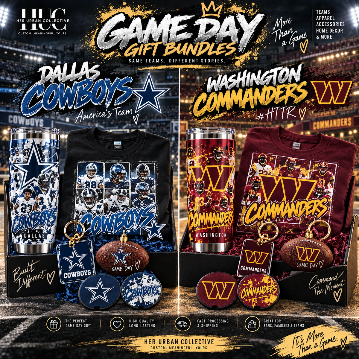 Custom Cowboys and Commanders game day gift bundles