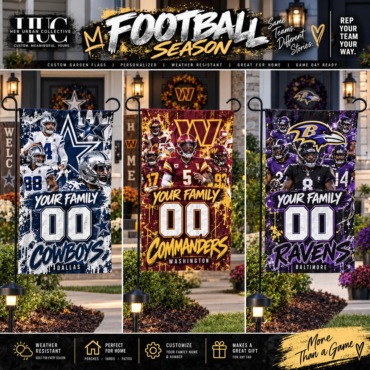 Personalized football garden flags for Cowboys Commanders and Ravens