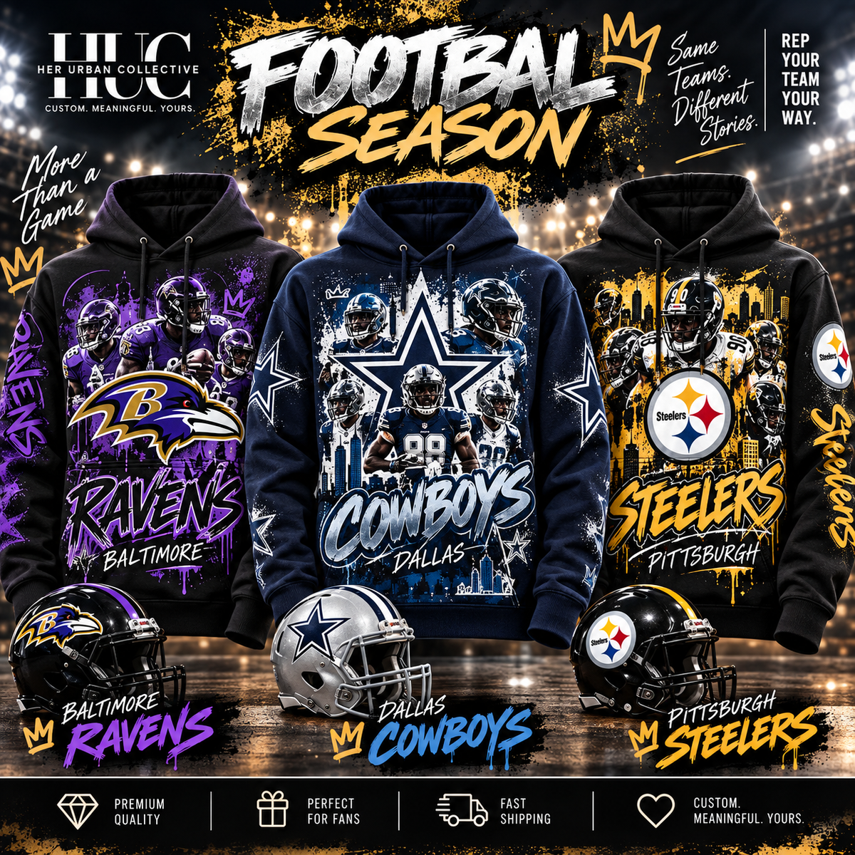Custom football hoodies for Ravens Cowboys and Steelers