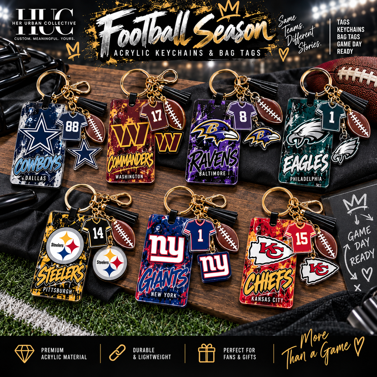 Football acrylic keychains and bag tags in popular team styles