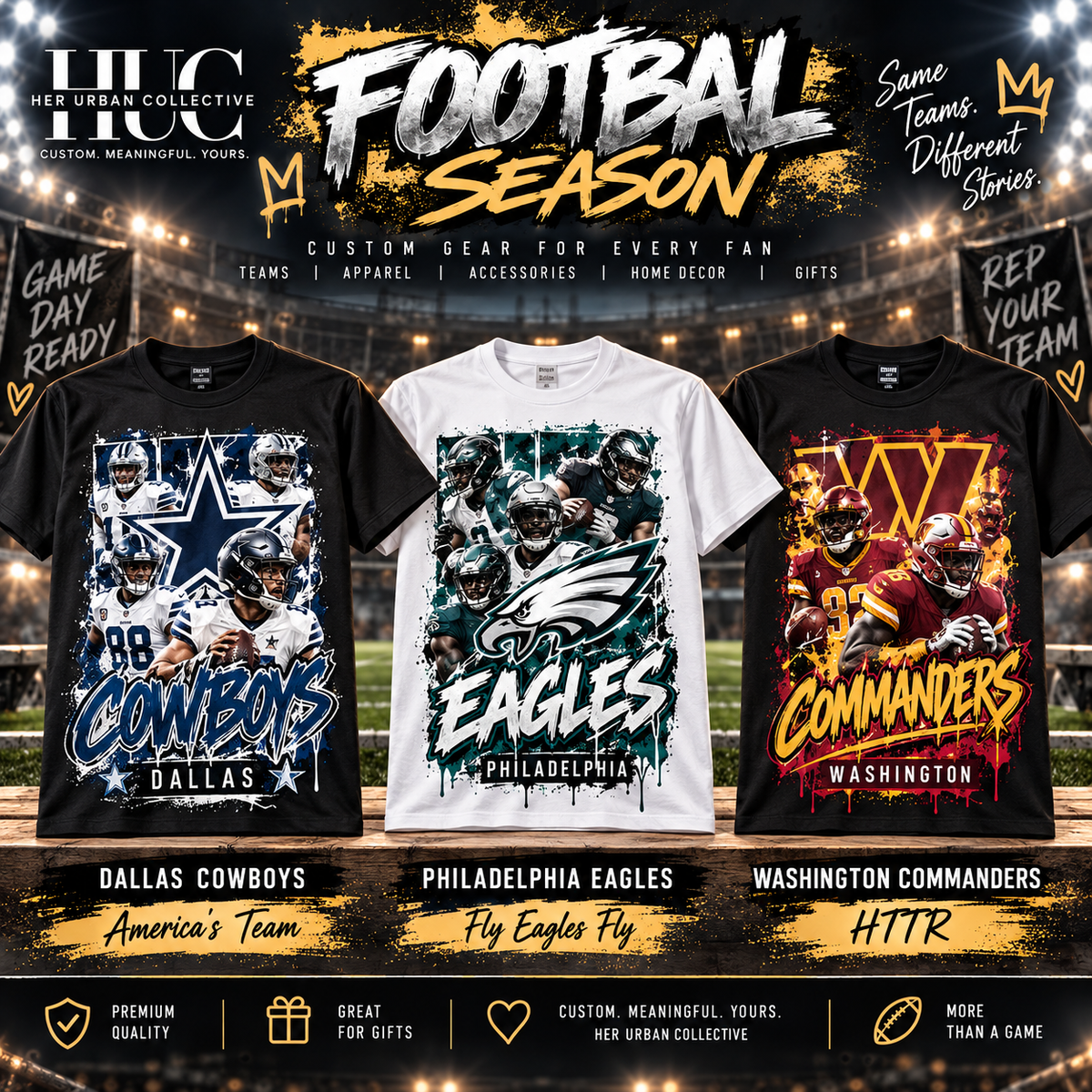 Custom football T-shirts for Cowboys Eagles and Commanders