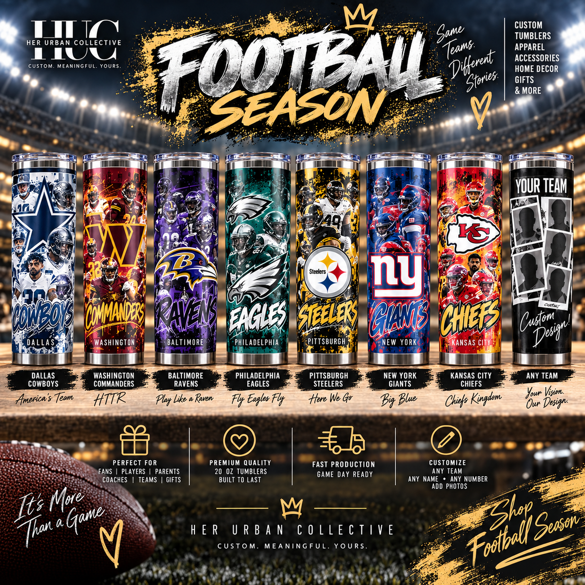 Custom football team tumblers for Cowboys Commanders Ravens Eagles Steelers Giants Chiefs