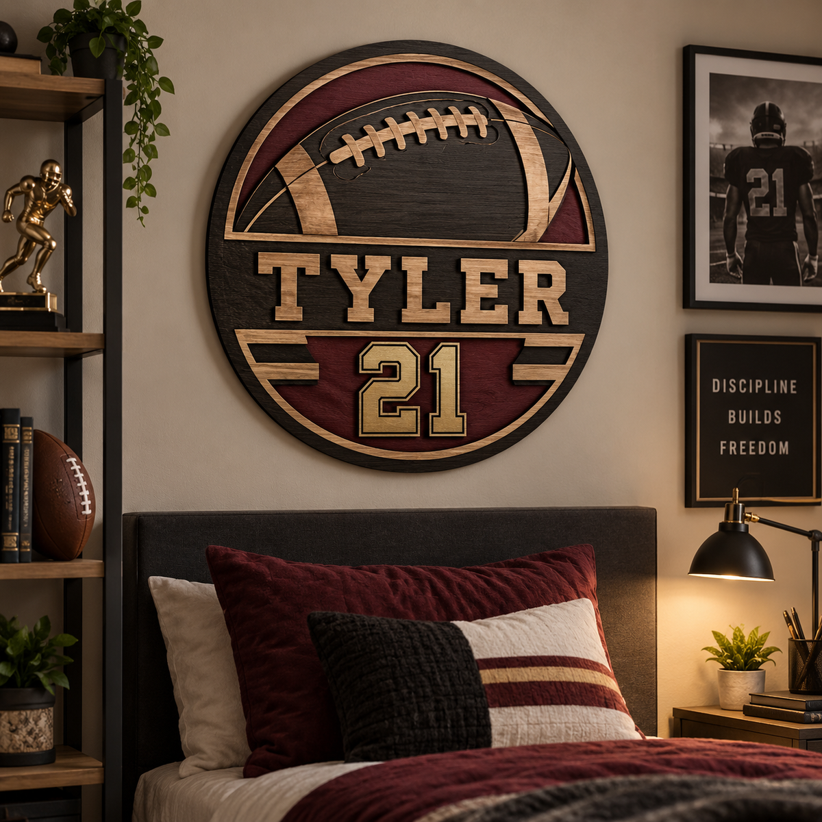 Personalized layered wooden football wall art
