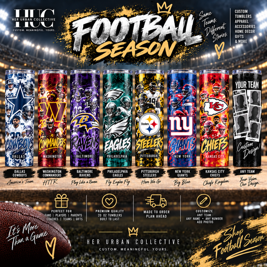 Straight full-wrap football tumblers with artwork to the top and bottom