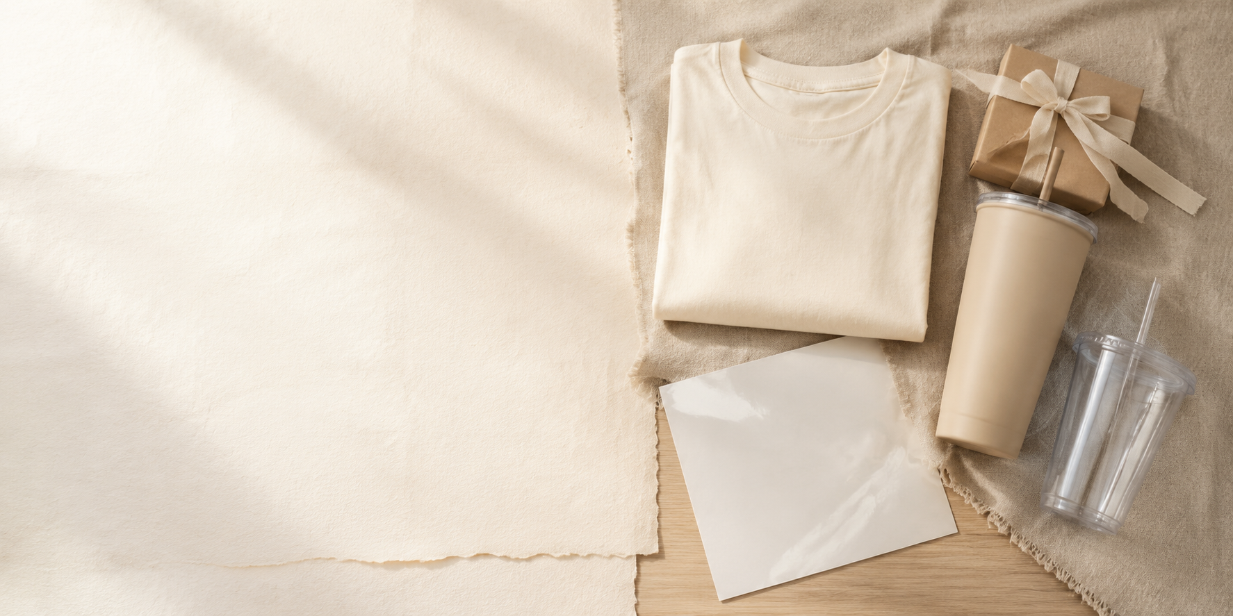 Neutral handmade studio flat lay with a cream shirt, tumblers, gift box and transfer sheet