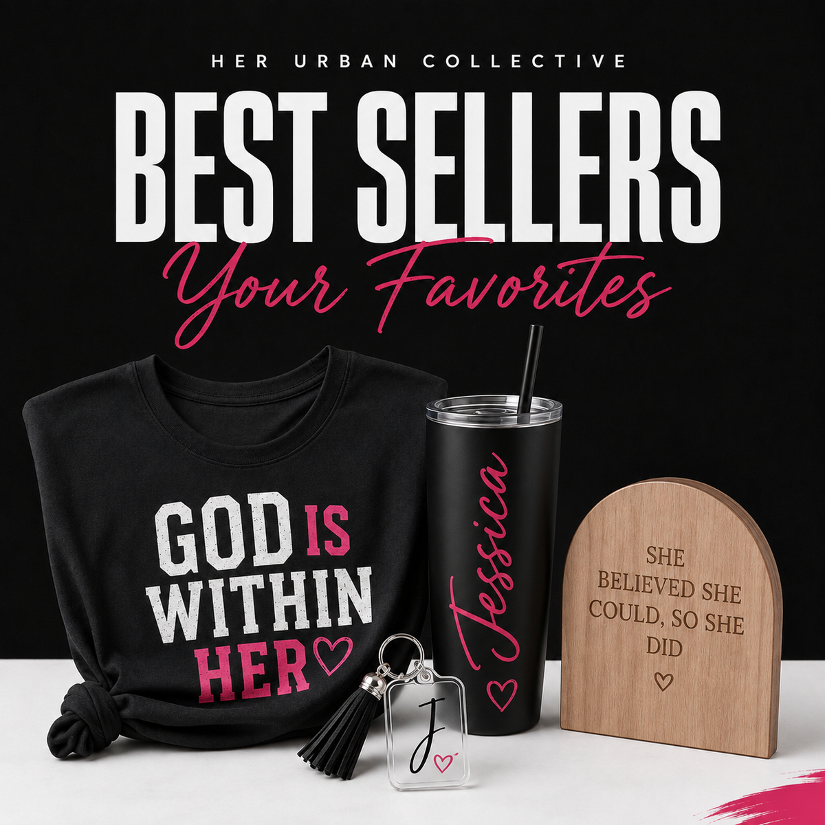 best sellers — illustrative product mockups