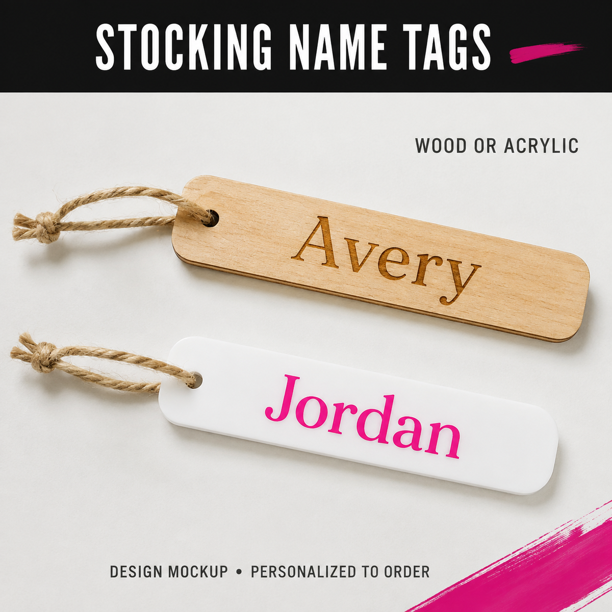 STOCKING NAME TAGS — illustrative personalized design mockup