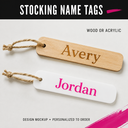 STOCKING NAME TAGS — illustrative personalized design mockup