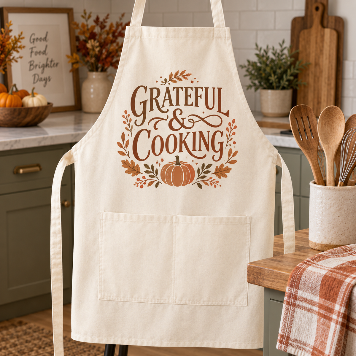 Cream Grateful and Cooking Thanksgiving apron