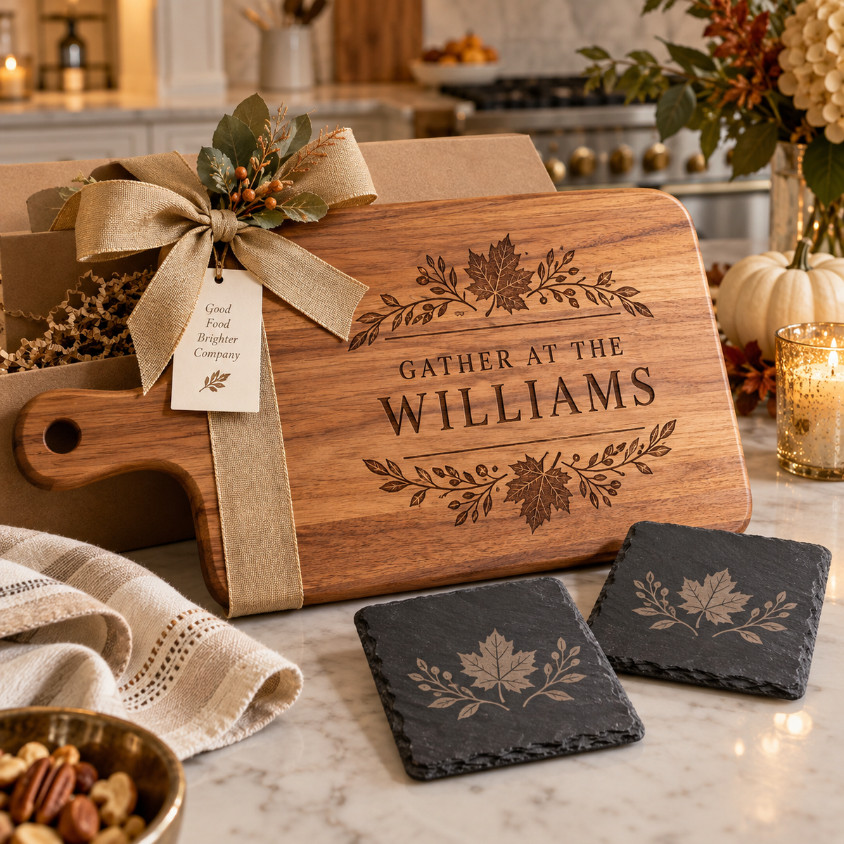 Engraved Thanksgiving serving board and two slate coasters