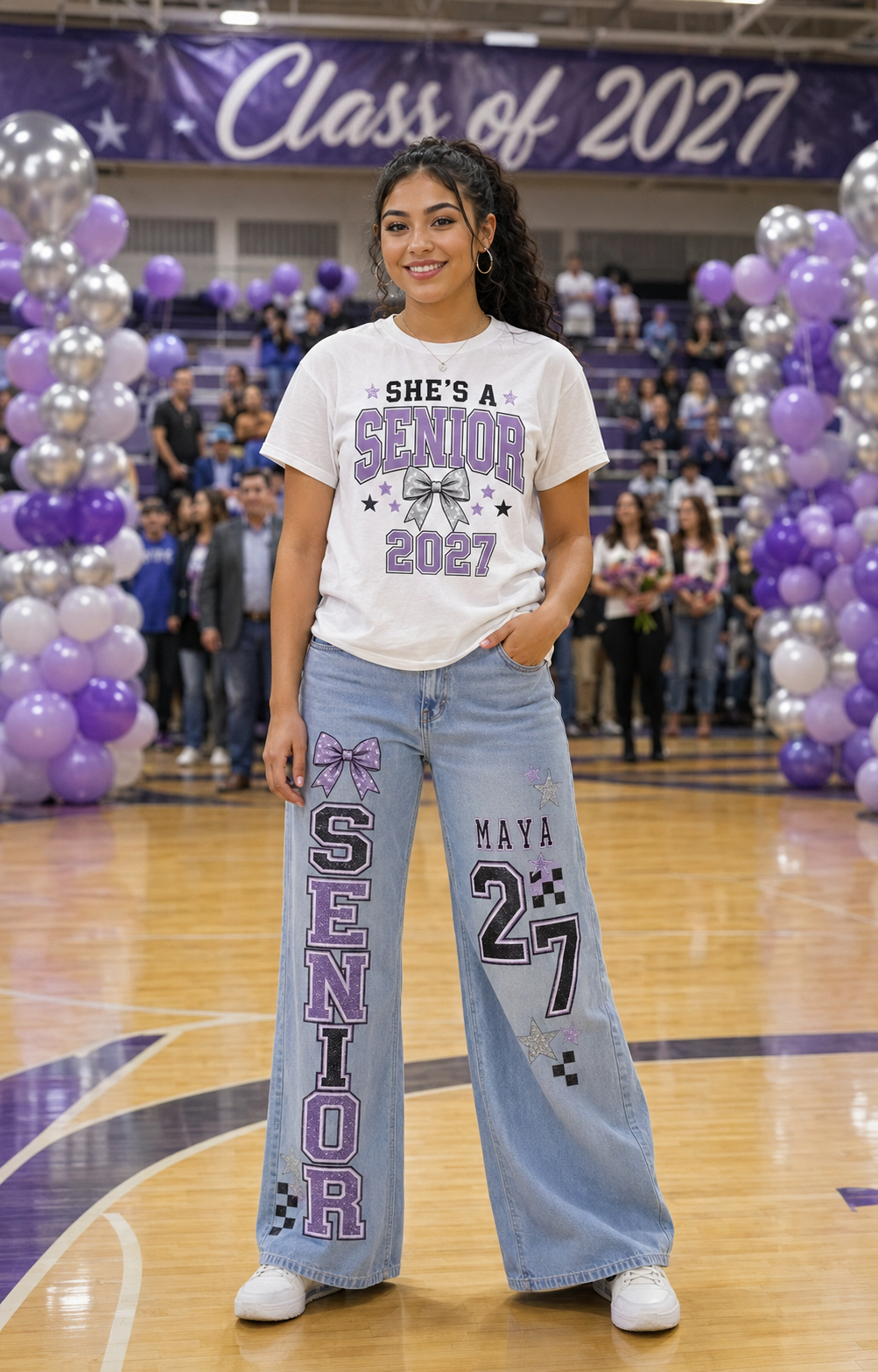 Female senior wearing a custom Senior 2027 shirt and decorated customer-supplied jeans in a school gym