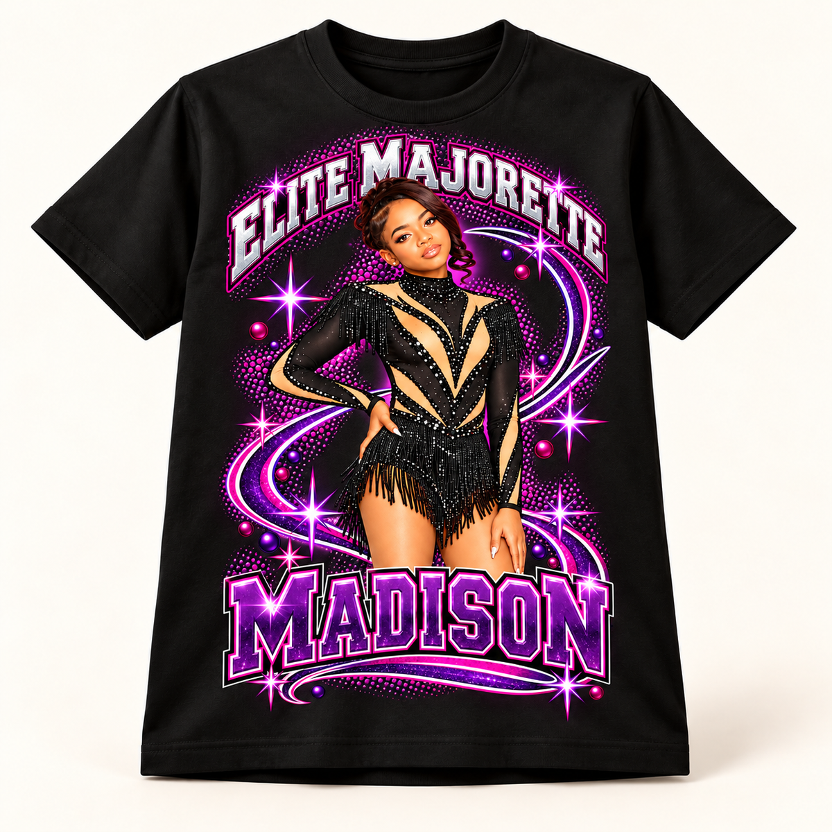 Black T-shirt with supplied Madison Elite Majorette artwork