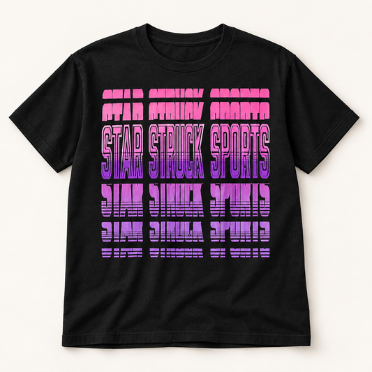 #01 Star Struck | Pink / Purple Fade on a black short sleeve T-shirt