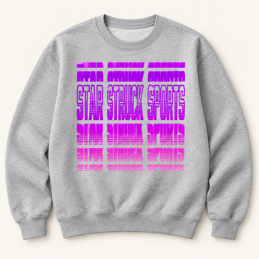 #02 Star Struck | Vivid Purple / Pink on a heather gray crewneck sweatshirt