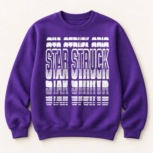 #05 Star Struck | White Contrast on a purple crewneck sweatshirt