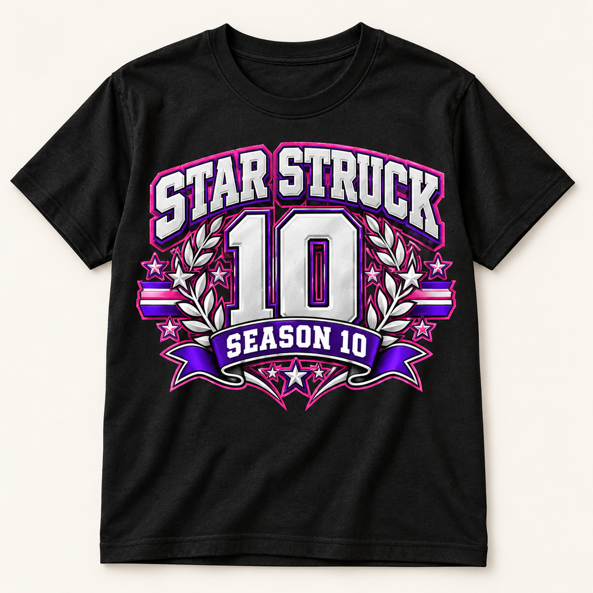 #08 Star Struck | Season 10 Collegiate - Pink Outline on a black short sleeve T-shirt