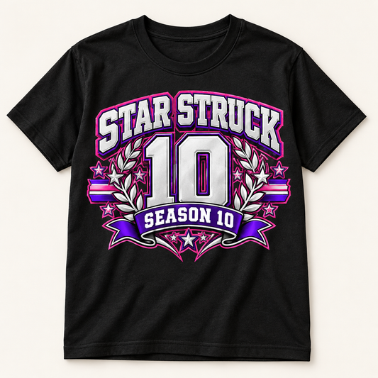 #08 Star Struck | Season 10 Collegiate - Pink Outline on a black short sleeve T-shirt