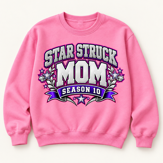 #09 Star Struck | Mom Collegiate on a pink crewneck sweatshirt
