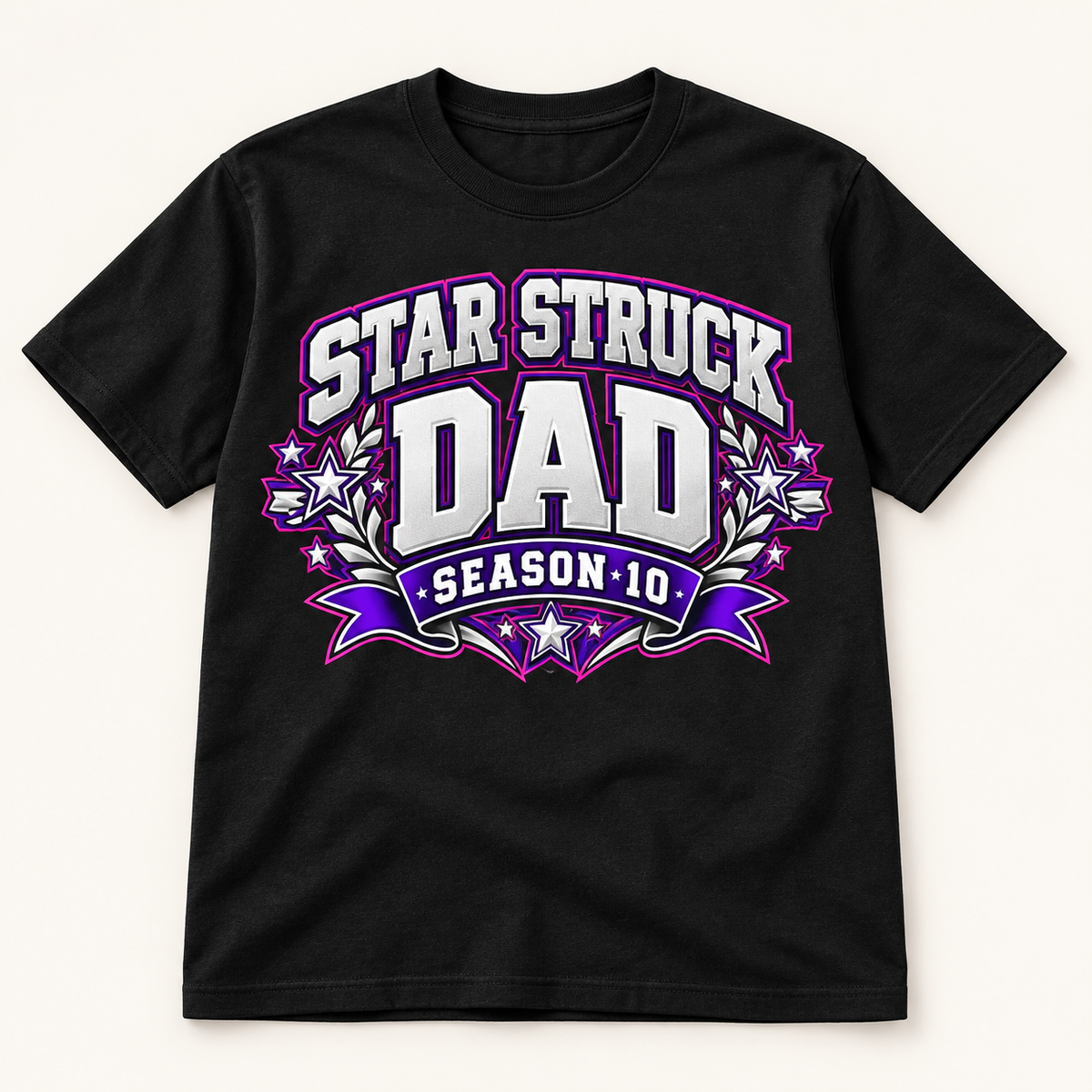 #10 Star Struck | Dad Collegiate on a black short sleeve T-shirt