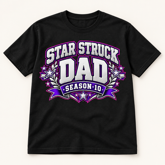 #10 Star Struck | Dad Collegiate on a black short sleeve T-shirt